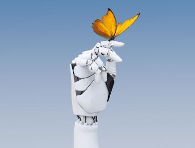 mechanical hand balancing a butterfy